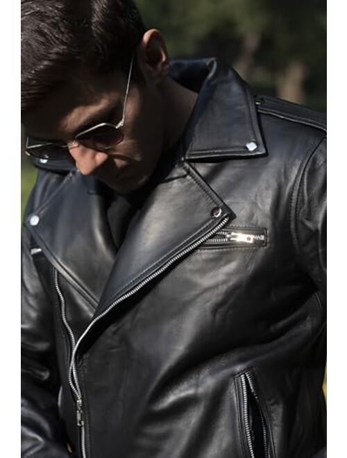 Tlc Fashion TLC leather biker jacket men - Black men's biker jacket with Notch Lapel Collar and Zipper Cuff