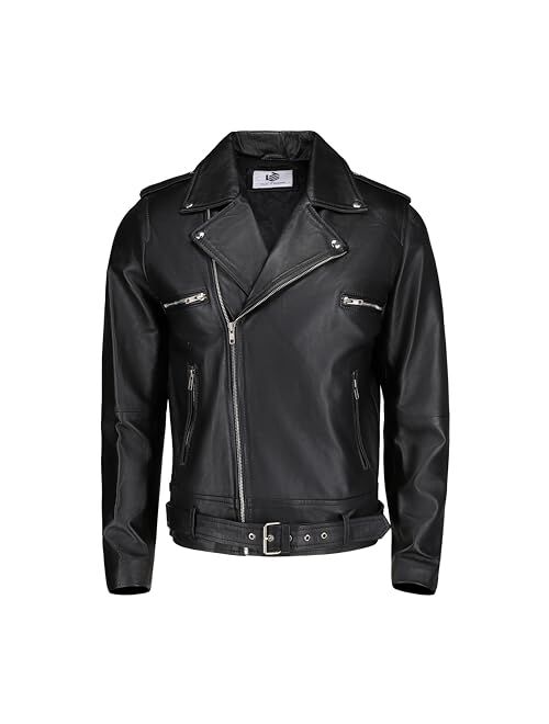 Tlc Fashion TLC leather biker jacket men - Black men's biker jacket with Notch Lapel Collar and Zipper Cuff