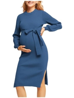 Maacie Maternity Fall Sweater Lantern Sleeve Tie Waist Bodycon Dress with Slit