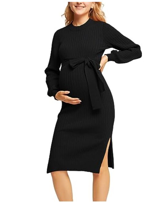 Maacie Maternity Fall Sweater Lantern Sleeve Tie Waist Bodycon Dress with Slit