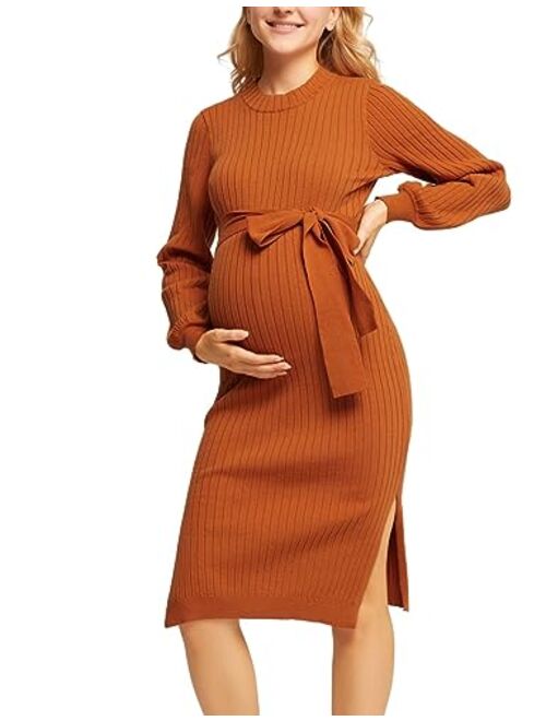 Maacie Maternity Fall Sweater Lantern Sleeve Tie Waist Bodycon Dress with Slit