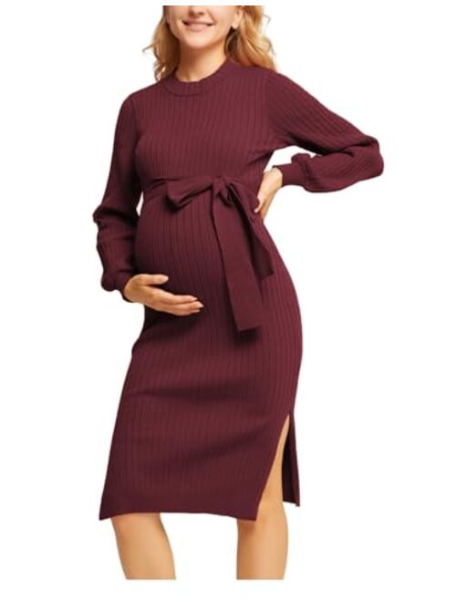 Maacie Maternity Fall Sweater Lantern Sleeve Tie Waist Bodycon Dress with Slit