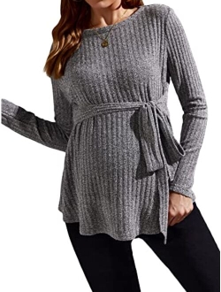 Women's Maternity Shirts Casual Long Sleeve Tie Front Ribbed Knit Pregnancy Tee Top