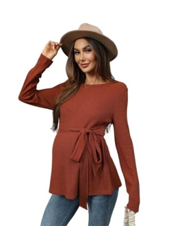 Women's Maternity Shirts Casual Long Sleeve Tie Front Ribbed Knit Pregnancy Tee Top