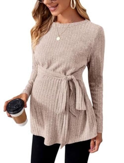 Women's Maternity Shirts Casual Long Sleeve Tie Front Ribbed Knit Pregnancy Tee Top