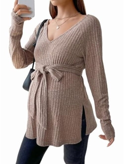 Women's Maternity Shirts Casual Long Sleeve Tie Front Ribbed Knit Pregnancy Tee Top