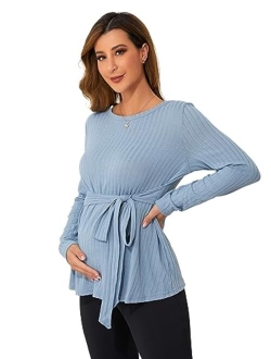 Women's Maternity Shirts Casual Long Sleeve Tie Front Ribbed Knit Pregnancy Tee Top