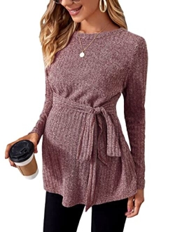 Women's Maternity Shirts Casual Long Sleeve Tie Front Ribbed Knit Pregnancy Tee Top