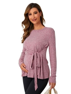 Women's Maternity Shirts Casual Long Sleeve Tie Front Ribbed Knit Pregnancy Tee Top