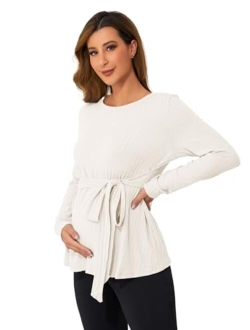 Women's Maternity Shirts Casual Long Sleeve Tie Front Ribbed Knit Pregnancy Tee Top