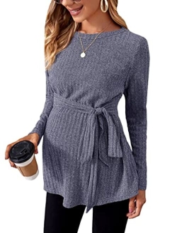 Women's Maternity Shirts Casual Long Sleeve Tie Front Ribbed Knit Pregnancy Tee Top