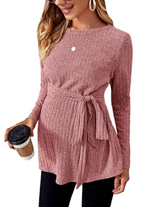 MakeMeChic Women's Maternity Shirts Casual Long Sleeve Tie Front Ribbed Knit Pregnancy Tee Top