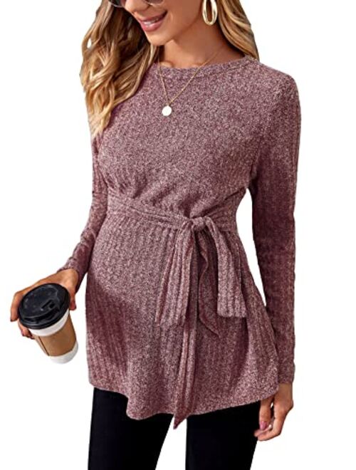 MakeMeChic Women's Maternity Shirts Casual Long Sleeve Tie Front Ribbed Knit Pregnancy Tee Top