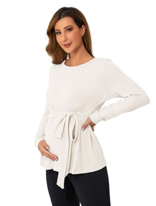 MakeMeChic Women's Maternity Shirts Casual Long Sleeve Tie Front Ribbed Knit Pregnancy Tee Top