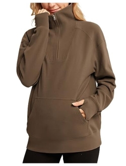 Maacie Maternity Sweatshirts Lapel Half Zip Thermal Fleece Pullover with Thumbholes & Kangaroo Pocket