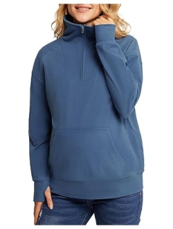 Maacie Maternity Sweatshirts Lapel Half Zip Thermal Fleece Pullover with Thumbholes & Kangaroo Pocket