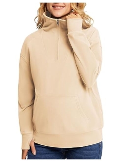 Maacie Maternity Sweatshirts Lapel Half Zip Thermal Fleece Pullover with Thumbholes & Kangaroo Pocket