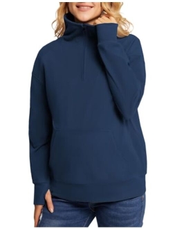 Maacie Maternity Sweatshirts Lapel Half Zip Thermal Fleece Pullover with Thumbholes & Kangaroo Pocket