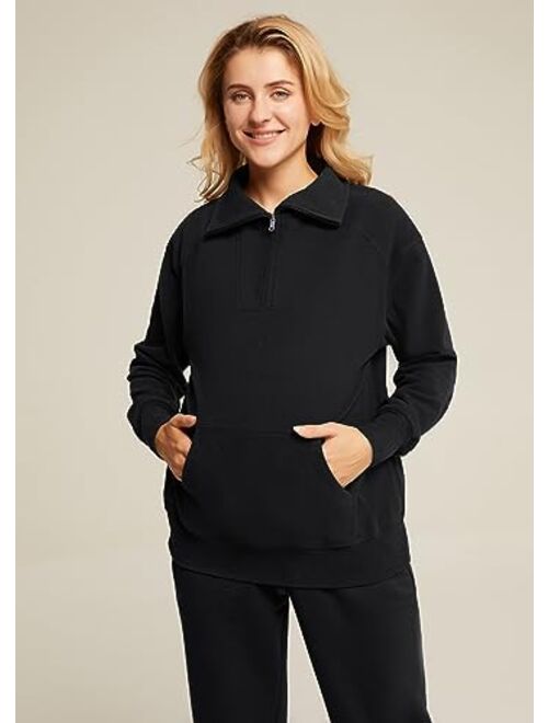 Maacie Maternity Sweatshirts Lapel Half Zip Thermal Fleece Pullover with Thumbholes & Kangaroo Pocket