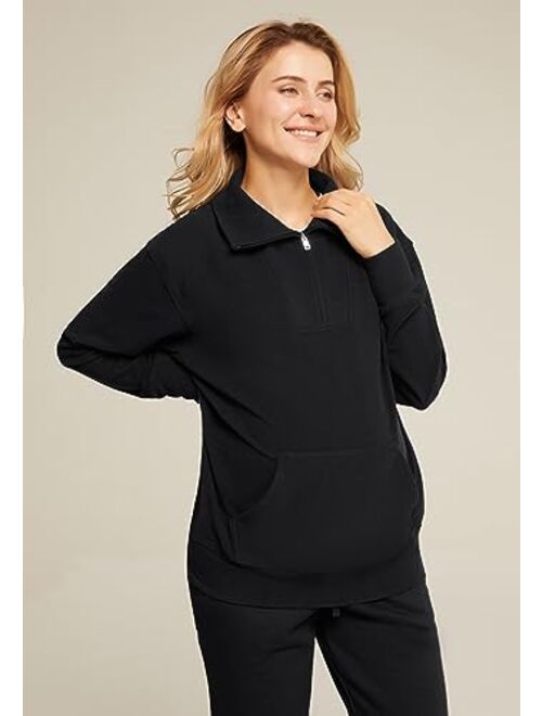 Maacie Maternity Sweatshirts Lapel Half Zip Thermal Fleece Pullover with Thumbholes & Kangaroo Pocket