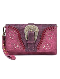 Womens Leather Wallet Clutch Western Bling Embroidery Embossed Tooled