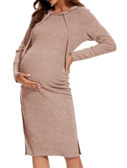 WOOXIO Women's Knit Split Maternity Dress Long Sleeve Ruched Pregnancy Clothes Hoodie Dress