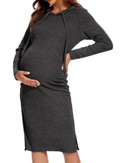 WOOXIO Women's Knit Split Maternity Dress Long Sleeve Ruched Pregnancy Clothes Hoodie Dress