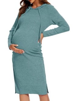 WOOXIO Women's Knit Split Maternity Dress Long Sleeve Ruched Pregnancy Clothes Hoodie Dress