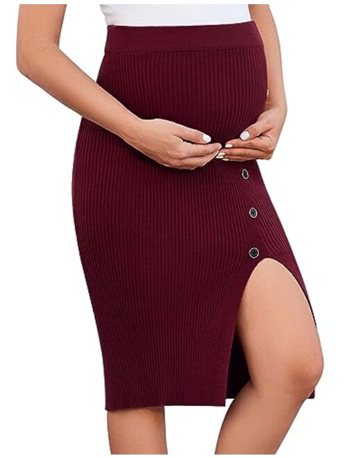 KOJOOIN Maternity Skirts for Women Bodycon High Waisted Casual Rib Knit Split Pencil Sweater Midi Skirt with Button Pregnancy