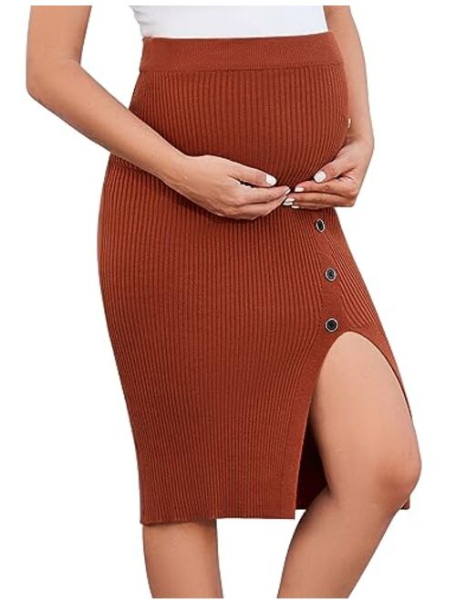 KOJOOIN Maternity Skirts for Women Bodycon High Waisted Casual Rib Knit Split Pencil Sweater Midi Skirt with Button Pregnancy