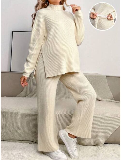 SHEIN Maternity Half High Neck Split Hem Sweater & Adjustable Waist Velvet Pants Set