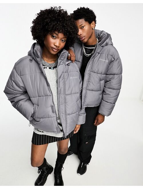 COLLUSION Unisex nylon puffer jacket with branding in charcoal