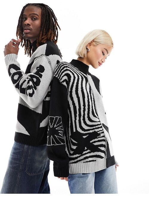 COLLUSION Unisex branded spliced jacquard sweater in black and gray