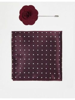 pocket square and lapel pin in burgundy polka dot