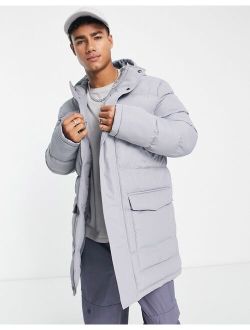 longline padded parka with hood in light gray