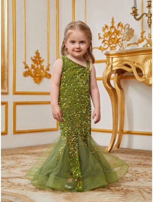 Little Girls' Sleeveless Asymmetric Neck Sparkle Mermaid Dress