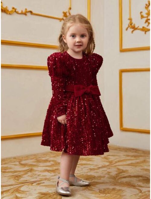 Toddler Girls' Short Sleeve Sheep Sleeve & Bow Decor & Sequin Detail Dress