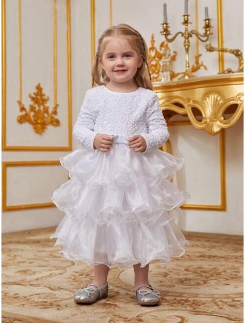 Little Girls' Long Sleeve Sequin Top & Layered Ruffle Cake Dress