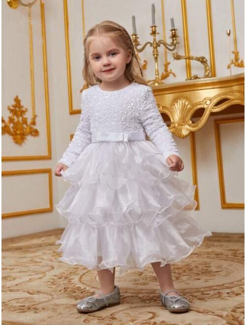 Little Girls' Long Sleeve Sequin Top & Layered Ruffle Cake Dress