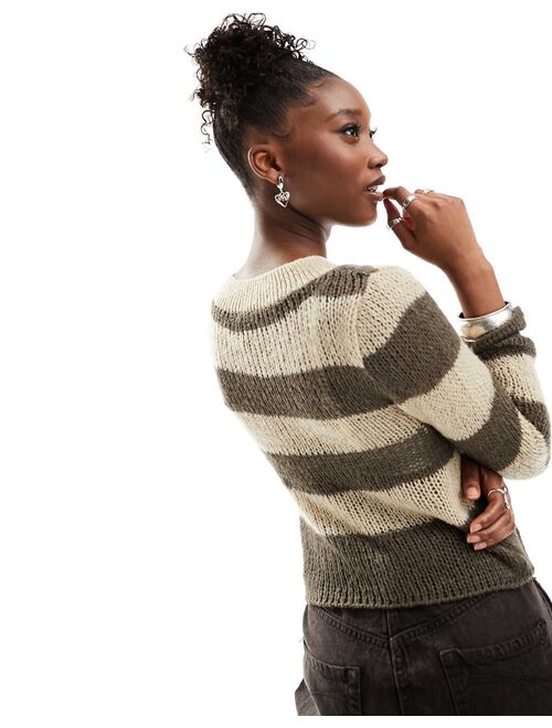 COLLUSION fitted v-neck knit sweater in stone stripe