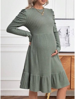 Maternity Asymmetrical Sweater Dress With Leg-of-mutton Sleeves