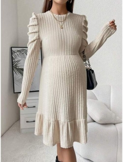 Maternity Asymmetrical Sweater Dress With Leg-of-mutton Sleeves