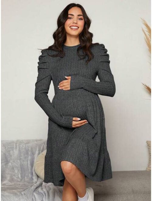 SHEIN Maternity Asymmetrical Sweater Dress With Leg-of-mutton Sleeves