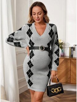 Maternity Argyle Pattern Bodycon Sweater Dress Without Belt
