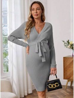 Maternity Long Sleeve Cross V-neck Sweater Dress