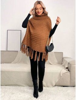 Maternity 1pc Turtleneck Fringe Trim Knit Poncho Sweater