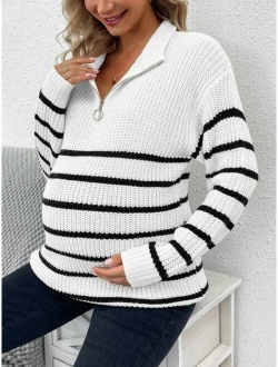 Maternity Striped Pattern Zipper Front Drop Shoulder Sweater