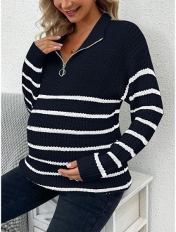 Maternity Striped Pattern Zipper Front Drop Shoulder Sweater