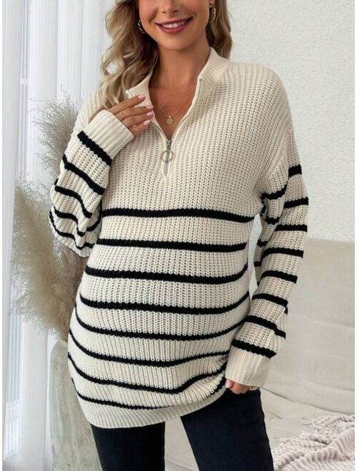 SHEIN Maternity Striped Pattern Zipper Front Drop Shoulder Sweater