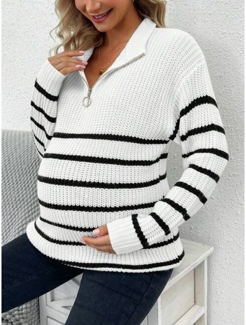 SHEIN Maternity Striped Pattern Zipper Front Drop Shoulder Sweater